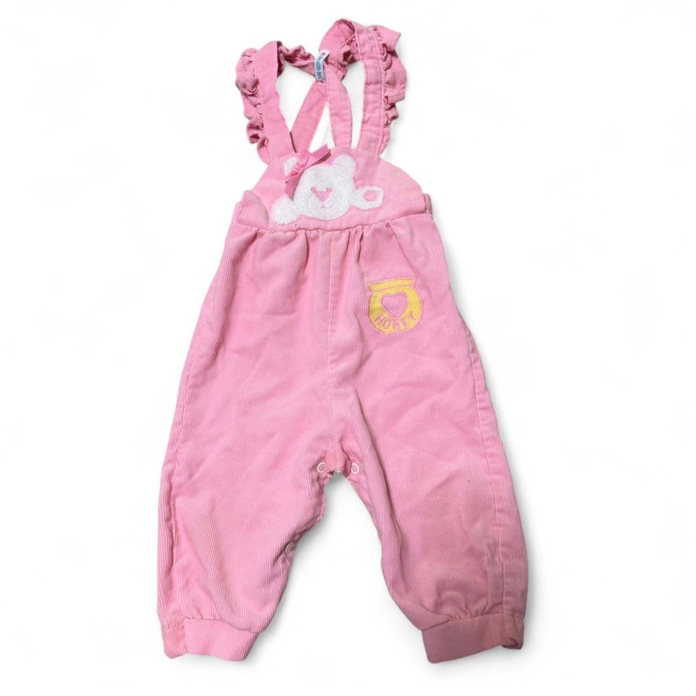 Vintage Health-Tex Baby Girls 12M Pink Corduroy Teddy Bear Overalls Romper USA
